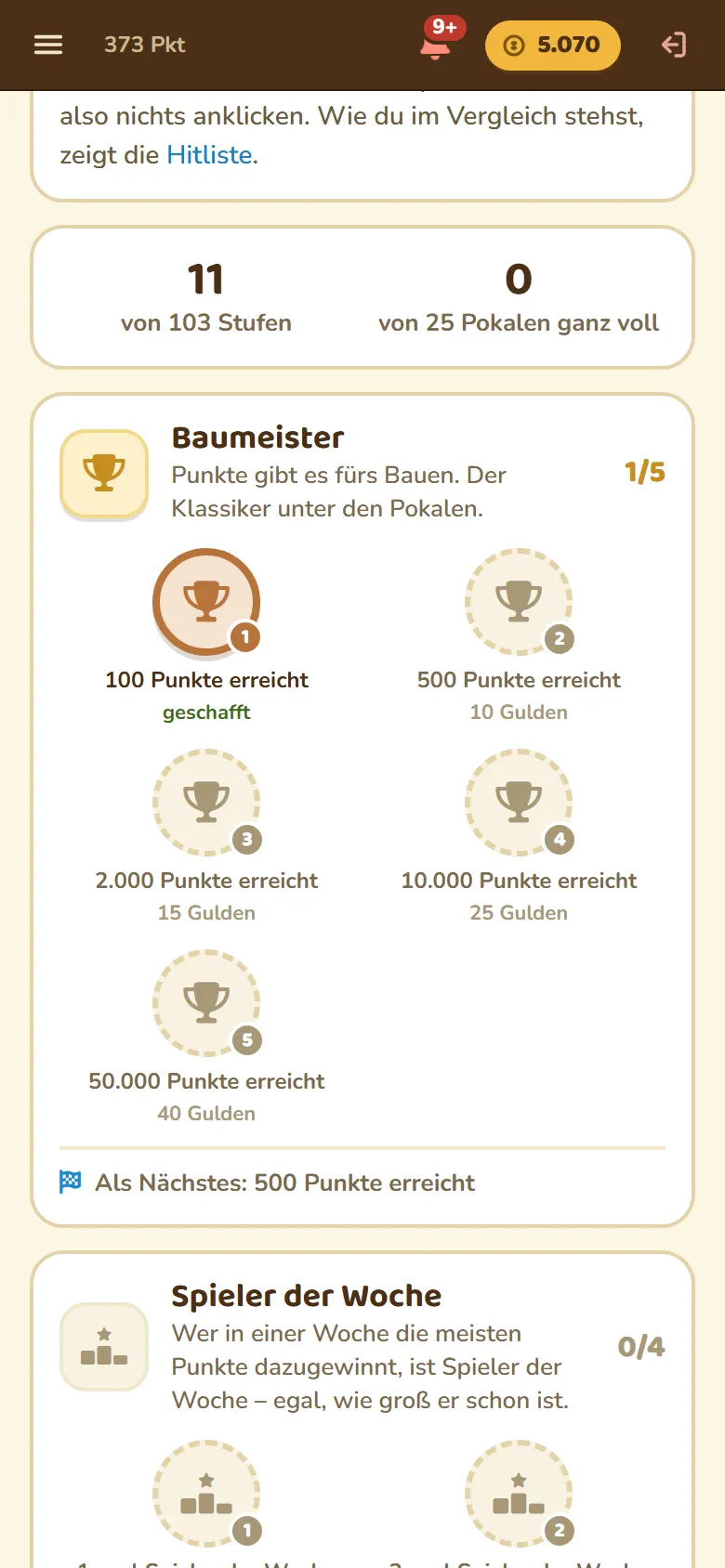 Screenshot: Pokale sammeln