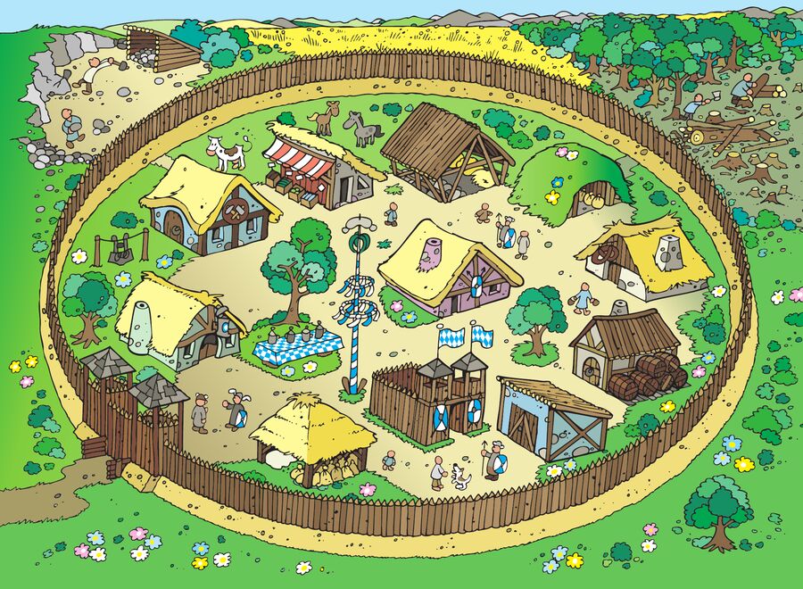 Ein Dorf in Bavarian Kings mit Maibaum, Wirtshaus und Palisade